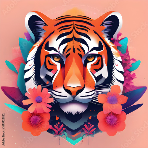 Wallpaper Mural A vibrant surreal nature vector illustration blending realistic animals and blooming flowers with bold minimalism, gradient textures, and futuristic AI-inspired geometric patterns Torontodigital.ca