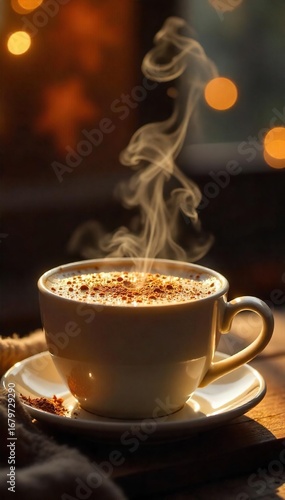 Close-up of glistening golden steam rising from a hot beverage, creating a warm, inviting atmosphere Perfect for autumn, winter, or cozy themes , condensation, food