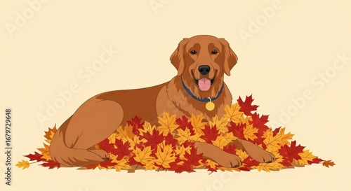 Happy Golden Retriever Dog Resting in a Pile of Colorful Red and Yellow Autumn Leaves