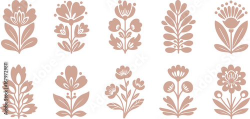Collection of ten stylized folk art floral illustrations in muted pastel colors