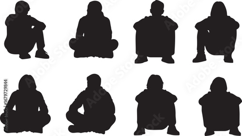 Collection of silhouetted figures sitting in various poses