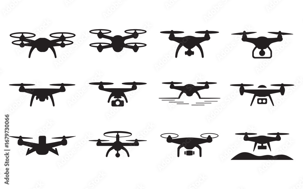 Fototapeta premium Multiple drone illustrations in black silhouette quadcopter aerial vehicle