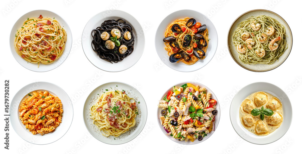 PNG Diverse pasta dishes in bowls, element set on transparent background