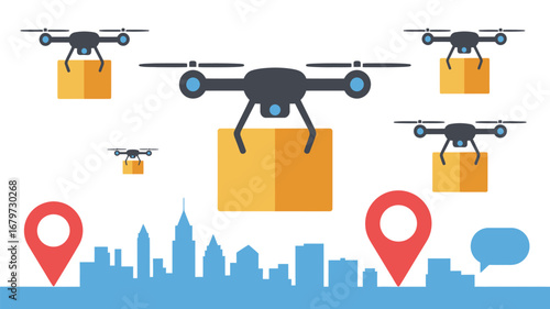Illustration of drones delivering packages over a city skyline with location markers and speech bubble
