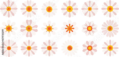 Collection of twenty stylized daisies with white petals and yellow centers