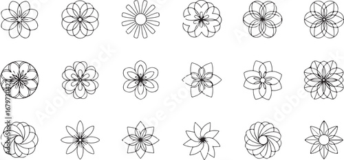 Collection of stylized abstract floral patterns in black and white