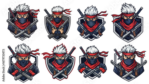 White Hair Ninja Esports Mascot Logo Set Vector, Red Bandana Mask, Crossed Katana Swords, Shield Emblem Crest, Modern Gaming Avatar Collection, Isolated on White