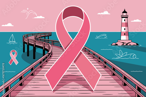 Pink ribbon on boardwalk leading to lighthouse in ocean with boats and clouds in pink and teal sky