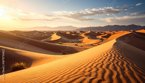 Serene Desert Landscape at Sunset with Golden Sand Dunes