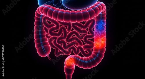 Inflammatory Bowel Disease - 3D Medical Illustration of Colon with Inflammation.