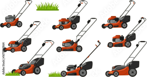 Various types of lawn mowers isolated on white background. Mowed grass. Gardening grass-cutter. Flat vector illustration.
