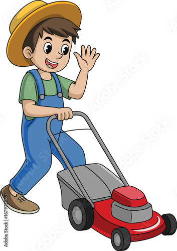 Cartoon boy mowing lawn, wearing hat and overalls, cheerful kid doing yard work, summer outdoor activity, gardening, landscaping illustration.