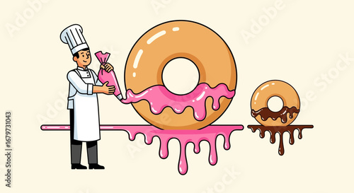 Chef decorating donuts with frosting in an illustrated style, bakery concept