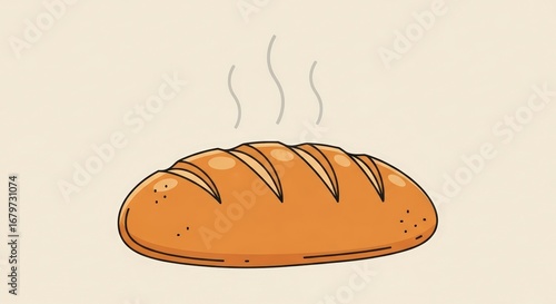 Steaming Loaf of Freshly Baked Bread Cartoon Illustration on Beige Background