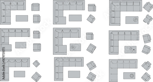 Collection of nine different kitchen layout floor plans with furniture and appliances