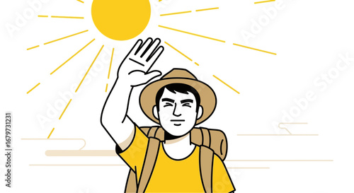 Cartoon illustration of a hiker protecting themself from the sun during adventure