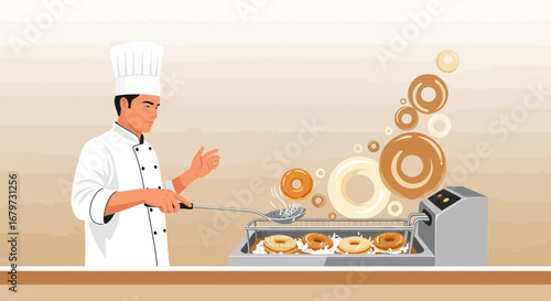 Chef Preparing Fresh Donuts In A Modern Kitchen Illustrating Dessert Food Preparation