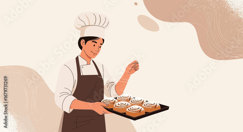 Chef preparing cinnamon rolls, cooking and baking concept,  vector illustration