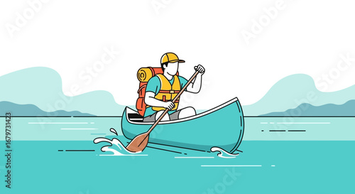 Cartoon illustration of a person kayaking on a lake or river adventure trip