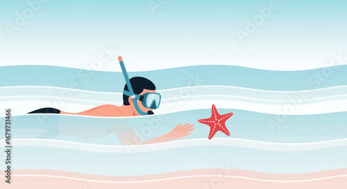 Cartoon illustration of a person snorkeling in the ocean with a starfish happily