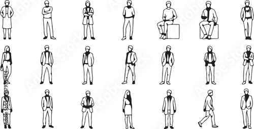 Collection of stylized line art figures representing diverse people in various poses