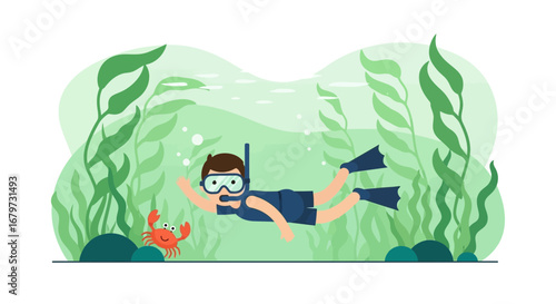 Cartoon Illustration of a Person Snorkeling Underwater Exploring Sea Life and Marine Creatures