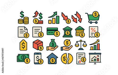 colorful flat vector icons Profit (Finance) profit revenue profit cost profit margin profit growth profit decline profit sales profit income profit expense profit credit profit debit profit.