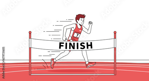 Cartoon illustration of a runner crossing the finish line in a sports competition