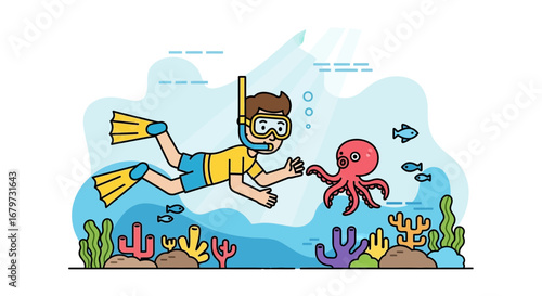 Cartoon Illustration of a Scuba Diver Interacting with an Octopus Underwater Scene