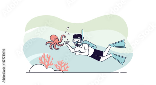 Cartoon illustration of a scuba diver interacting with an octopus underwater in the ocean