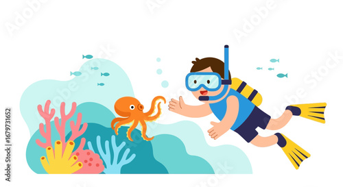 Cartoon Illustration of a Scuba Diver Interacting with an Octopus Underwater
