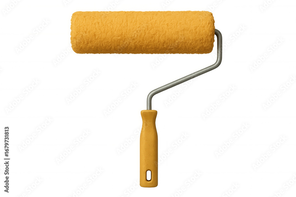 Obraz premium Yellow paint roller dripping vibrant color, prepared for interior wall painting and home improvement tasks
