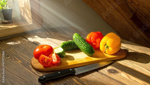 Sliced Tomatoes, Cucumbers, and Bell Peppers on Wooden Board in Sunlight