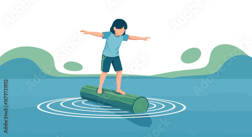 Child Balancing On A Log In The Water, Achieving Equilibrium And Harmony