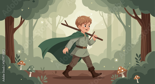 Cartoon illustration of a young boy adventuring walking in the stylized forest