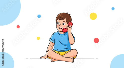 Cartoon illustration of a young child happily talking on a red telephone for communication