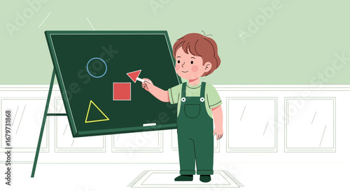 Cartoon illustration of a young child learning and pointing at shapes on a blackboard