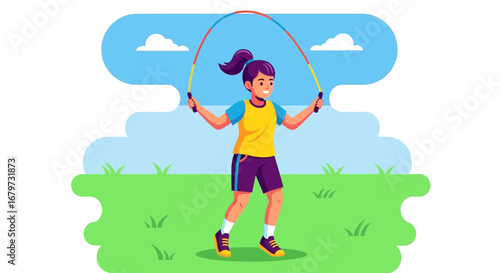 Cartoon illustration of a young girl skipping rope outdoors in a park or field