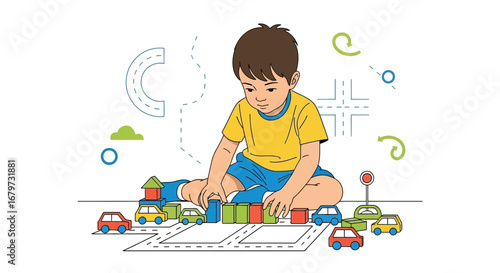 Child Building a Miniature City, Representing Playful Learning and Creative Imagination.
