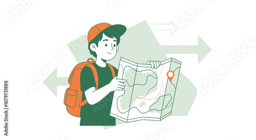 Cartoon Illustration of a Young Traveler Examining a Map for Direction and Adventure Route