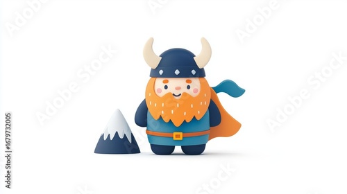 A playful cartoon Viking figure stands proudly beside a snowy mountain, showcasing adventure and fun.
