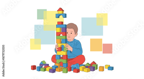 Child Building Tower Of Blocks, Focused And Concentrated, While Playing Happily