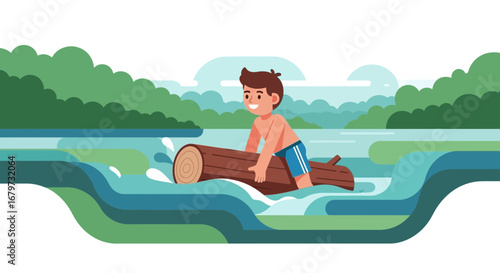 Cartoon of a boy enjoying a river ride on a log, nature illustration, vector style