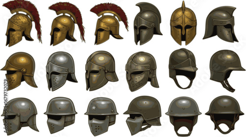 Vector illustration of old and modern Military helmets. Helmets of various armies throughout history.
