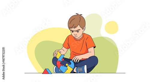 Child Concentrates, Attempting To Complete Puzzle Illustrating Focus and Frustration