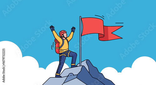 Celebrating Achievement: Enthusiastic Climber Reaches Summit And Plants Flag For Victory