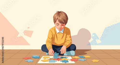Child Concentrating On Puzzle, Problem Solving, Focus, Determination, Intellectual Challenge