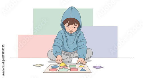 Child Concentrating On Shape Matching Game, Educational Amusement and Cognitive Skill