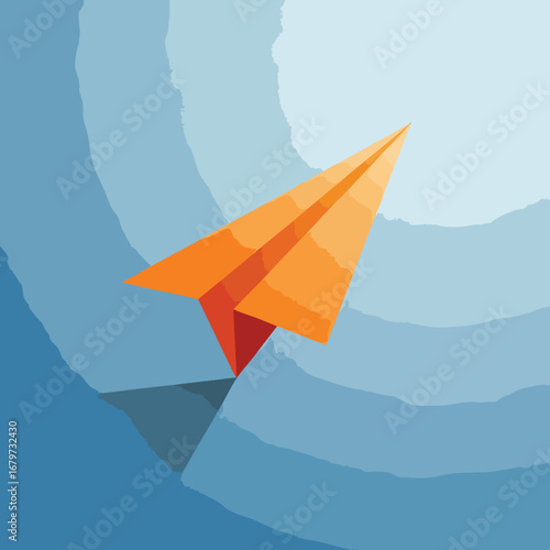 Orange Paper Airplane Flying Through Blue Sky.