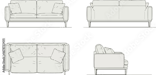 Architectural drawings of a modern sofa in multiple views